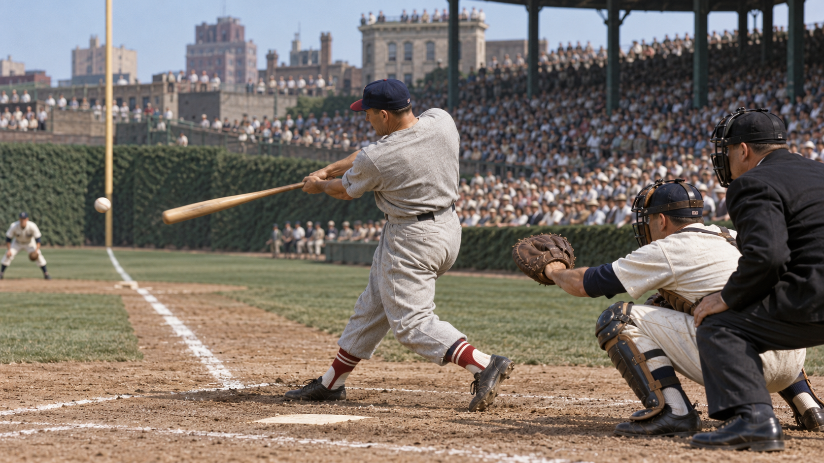 Photorealistic historical reconstruction of Stan Musial hitting his 3,000th career hit at Wrigley Field in 1958.