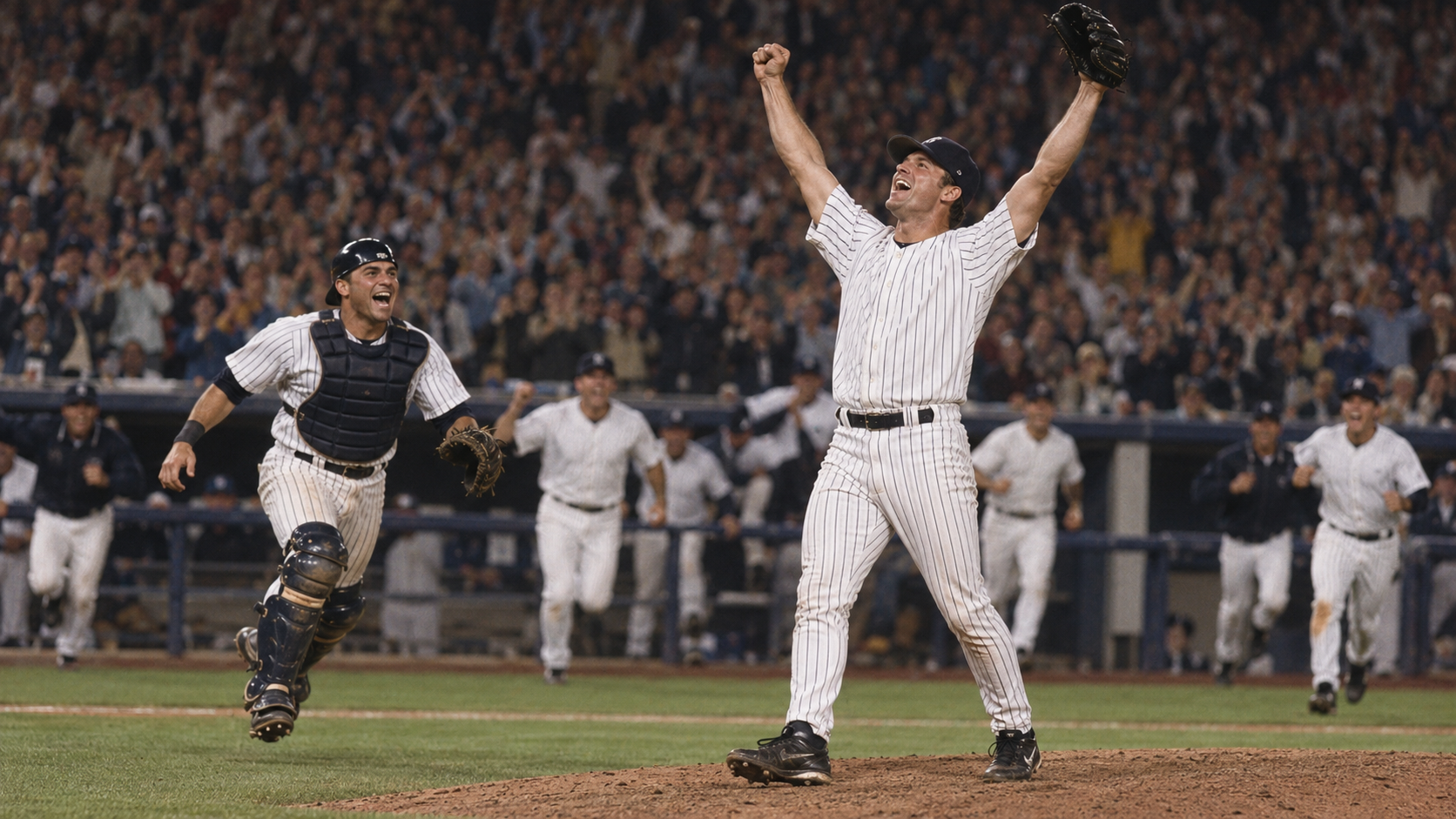 Photorealistic historical reconstruction of Dwight Gooden celebrating his 1996 no-hitter at Yankee Stadium.