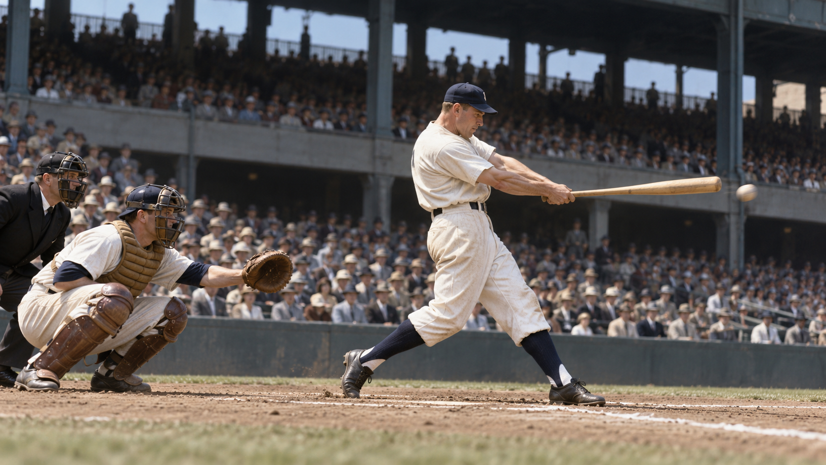 Photorealistic historical reconstruction of Joe DiMaggio batting at Yankee Stadium as his 56-game hitting streak begins in 1941.