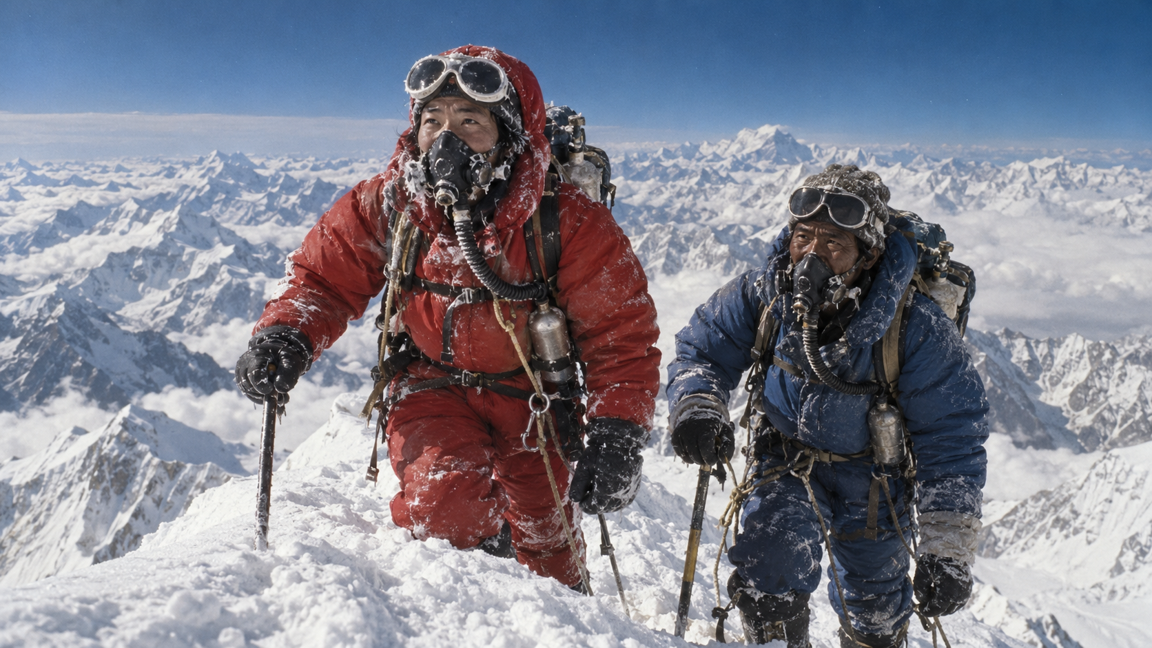 Photorealistic historical reconstruction of Junko Tabei reaching the summit of Mount Everest in 1975.