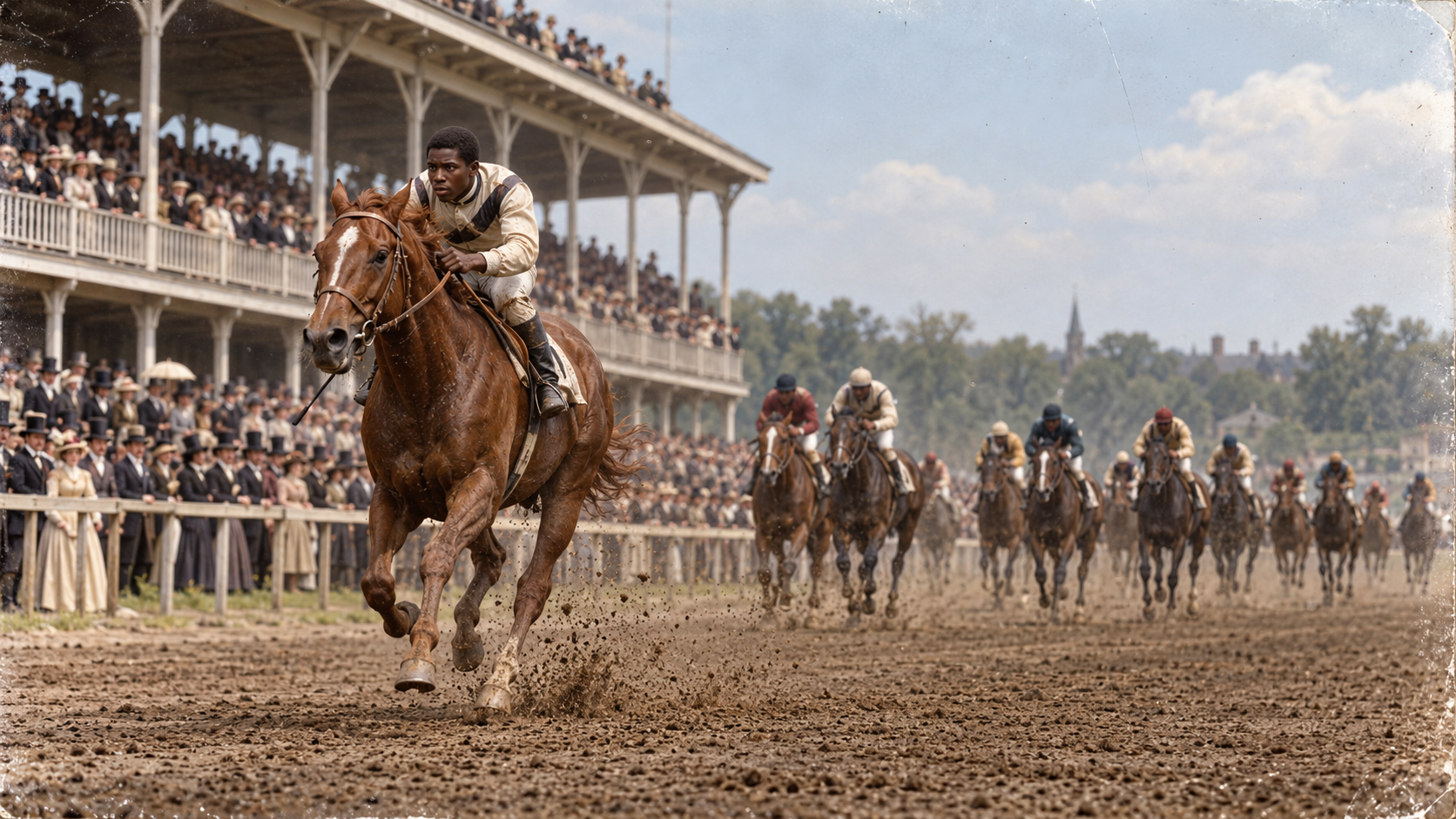 Photorealistic historical reconstruction of Aristides winning the first Kentucky Derby in Louisville in 1875.