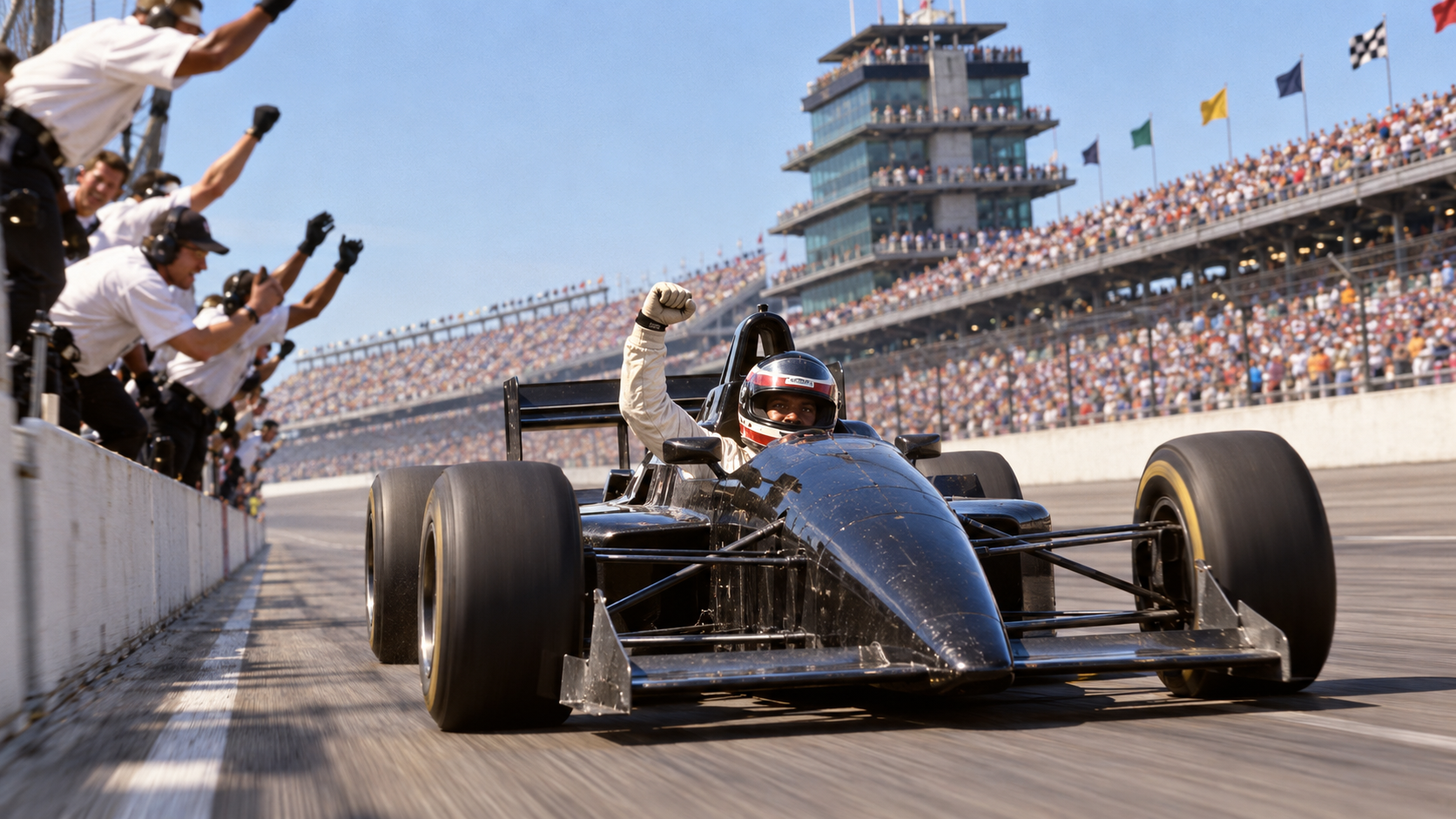 Photorealistic historical reconstruction of Willy T. Ribbs completing his historic 1991 Indianapolis 500 qualifying run.