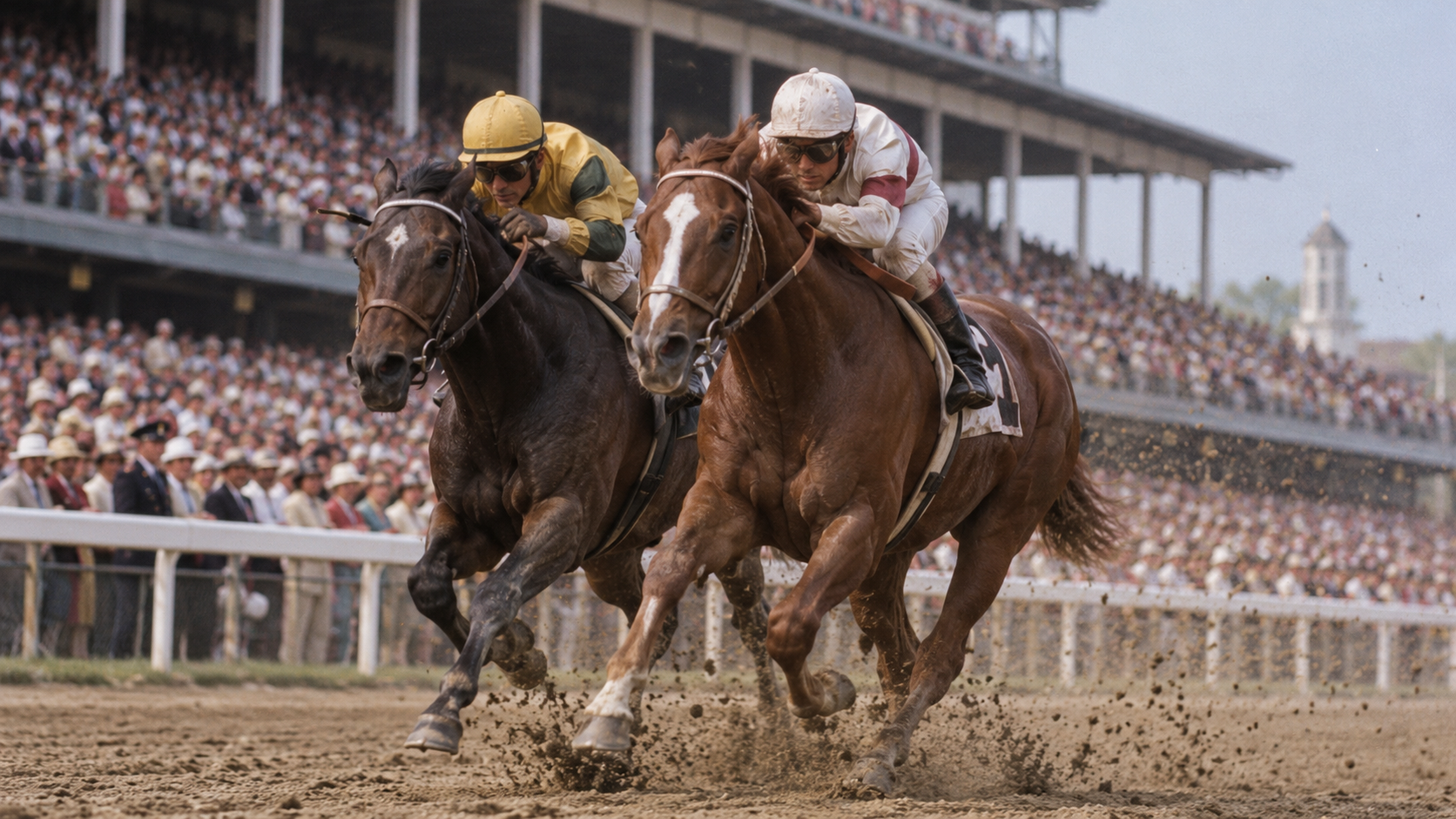 Photorealistic historical reconstruction of Affirmed holding off Alydar at the finish of the 1978 Preakness Stakes.