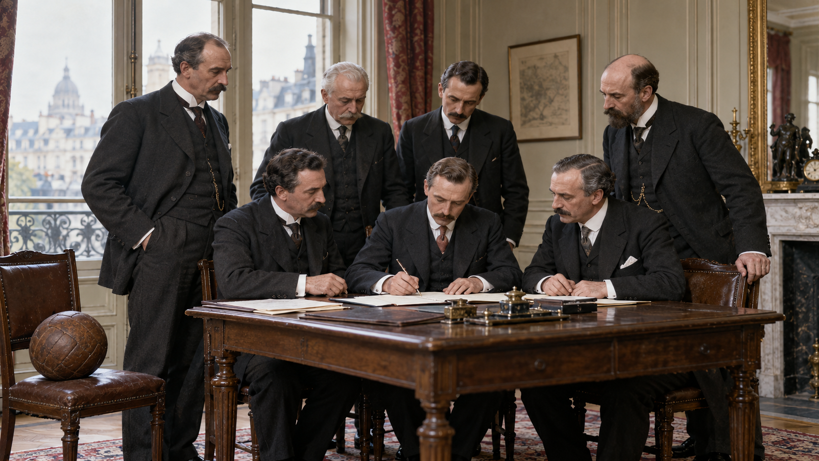 Photorealistic historical reconstruction of football delegates founding FIFA in a Paris meeting room in 1904.
