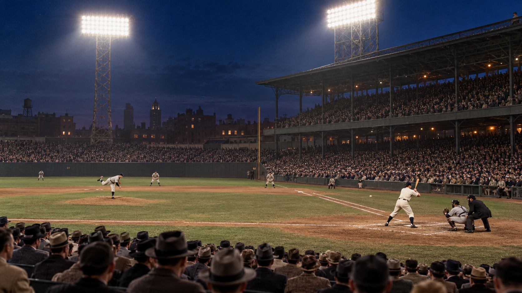 Photorealistic historical reconstruction of Crosley Field glowing under floodlights during Major League Baseball’s first night game in 1935.