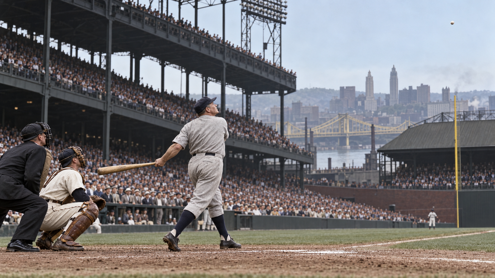 Photorealistic historical reconstruction of Babe Ruth hitting the final home run of his career at Forbes Field in 1935.