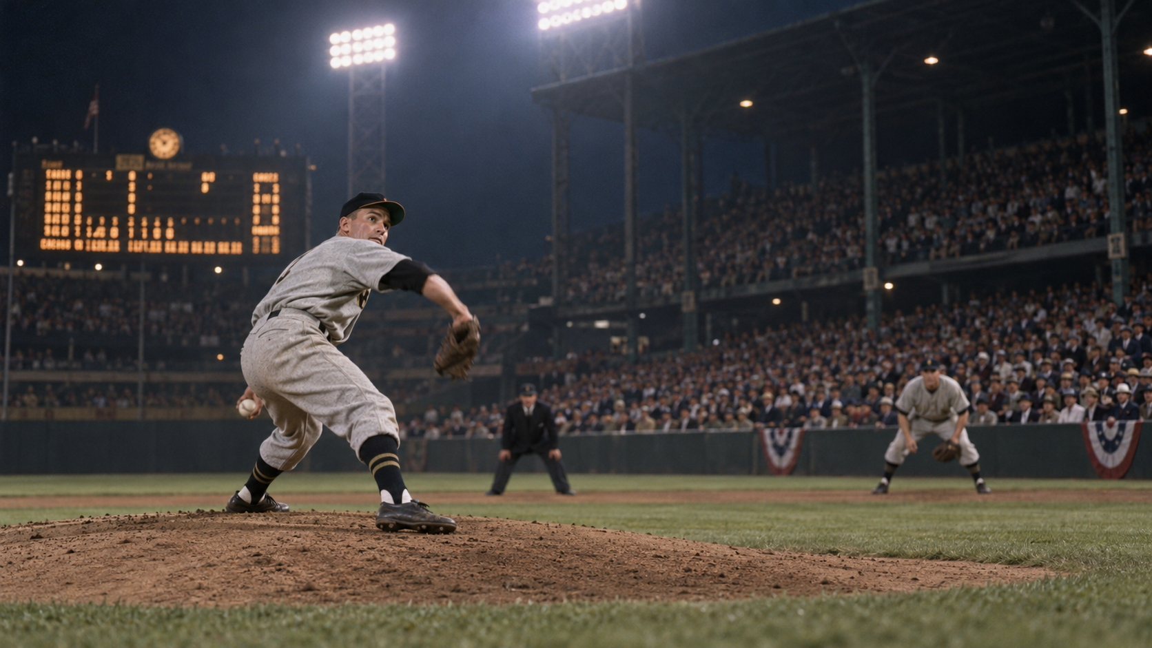 Photorealistic historical reconstruction of Harvey Haddix pitching deep into his 12 perfect innings in Milwaukee in 1959.