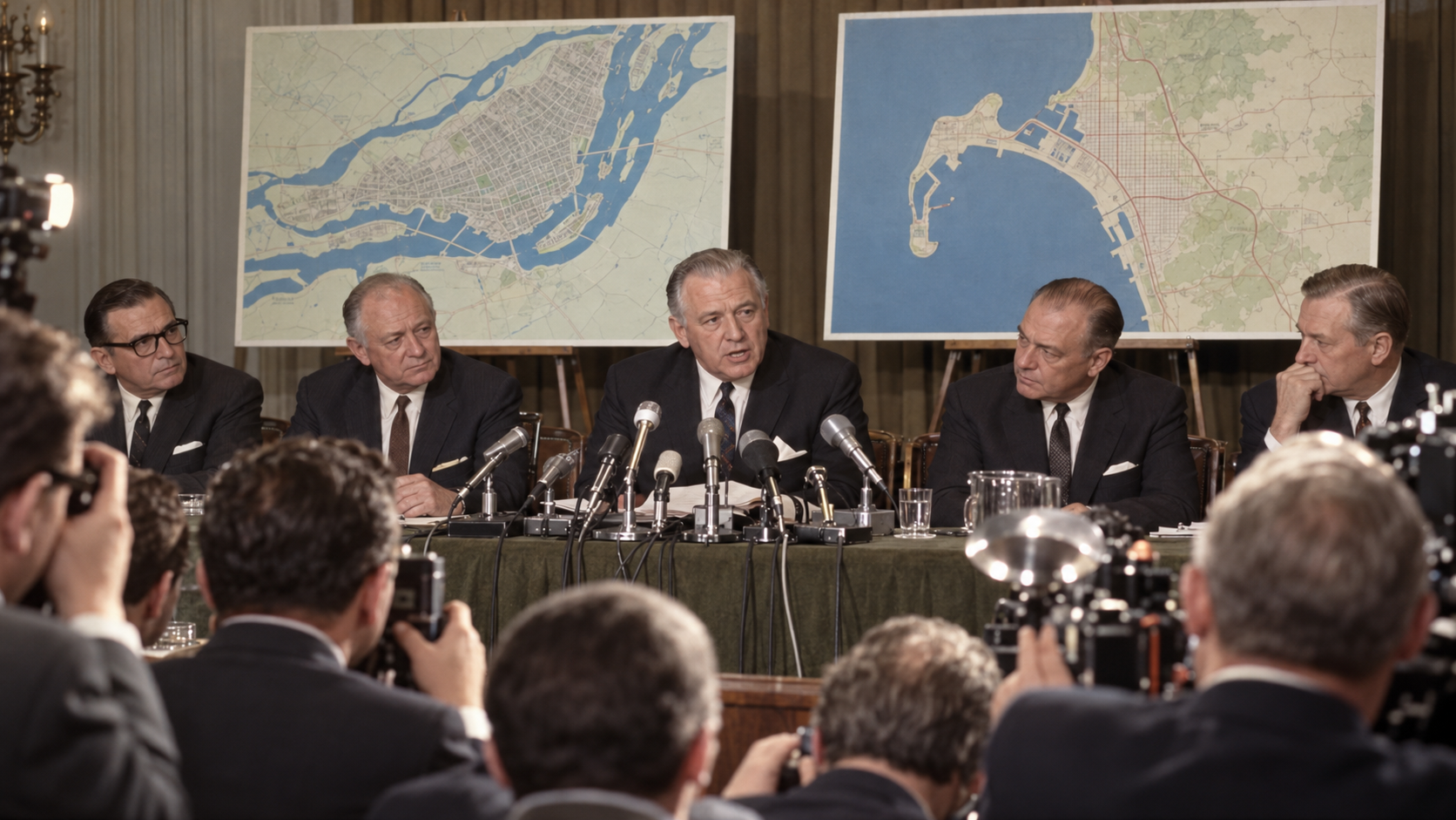 Photorealistic historical reconstruction of baseball officials announcing National League expansion to Montreal and San Diego in 1968.