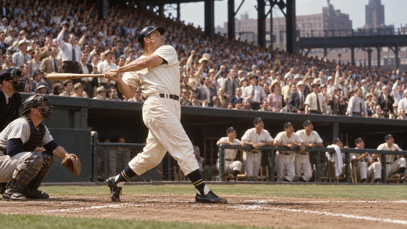 Photorealistic historical reconstruction of Dale Long hitting his record-setting eighth straight-game home run in 1956.