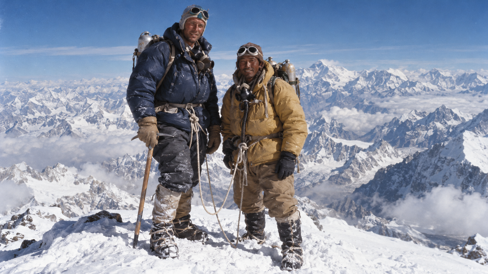 Photorealistic historical reconstruction of Tenzing Norgay and Edmund Hillary reaching the summit of Mount Everest in 1953.