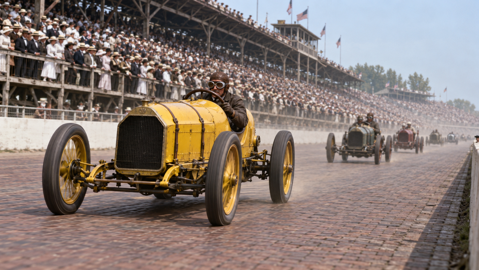 Photorealistic historical reconstruction of Ray Harroun driving the Marmon Wasp in the first Indianapolis 500 in 1911.