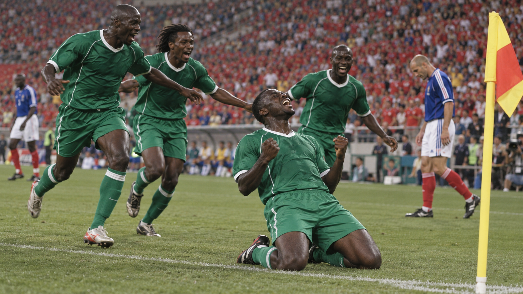 Photorealistic historical reconstruction of Senegal players celebrating Papa Bouba Diop’s goal against France at the 2002 World Cup.