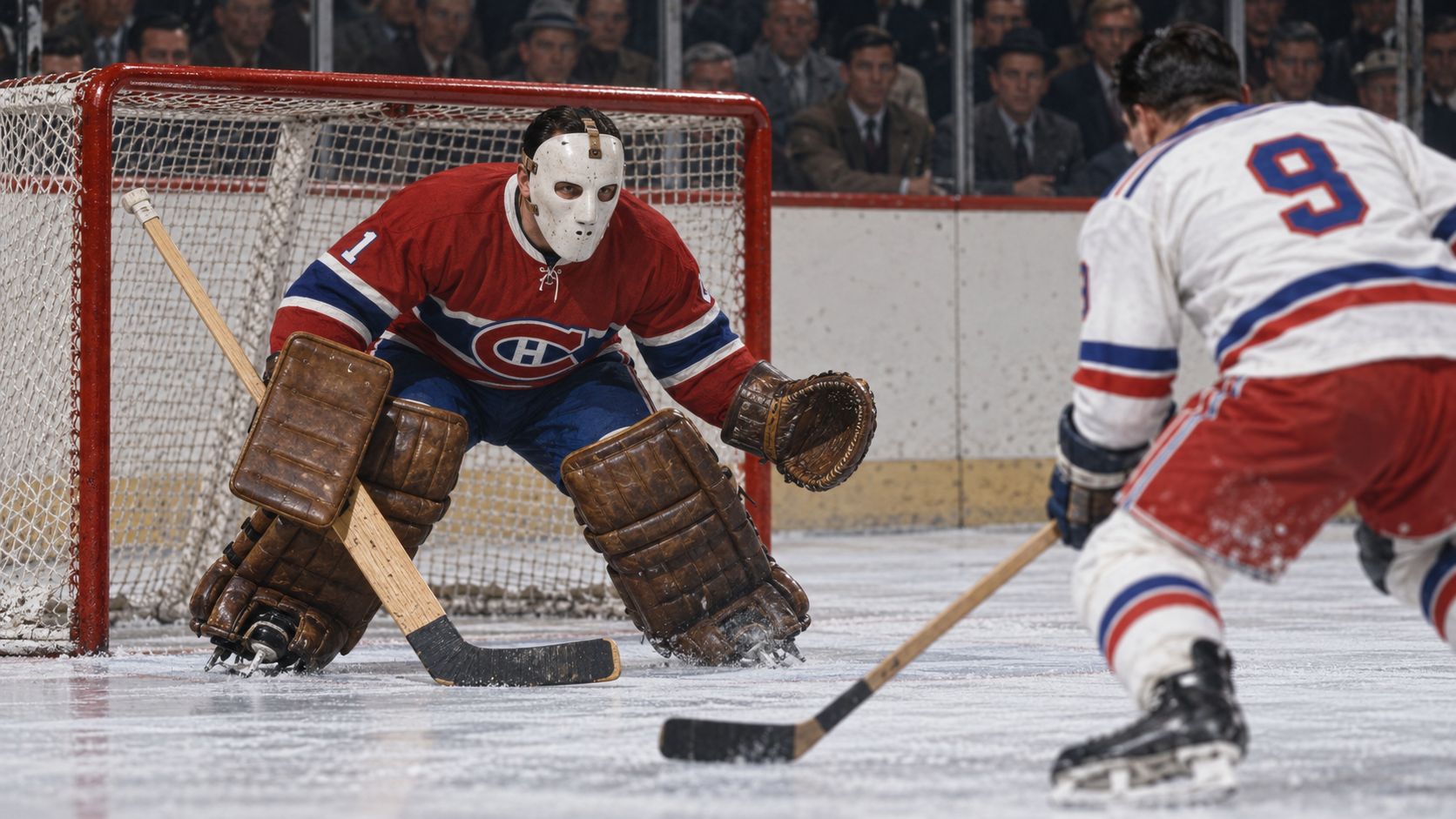 Photorealistic historical reconstruction of Jacques Plante wearing his early fiberglass goalie mask in 1959.
