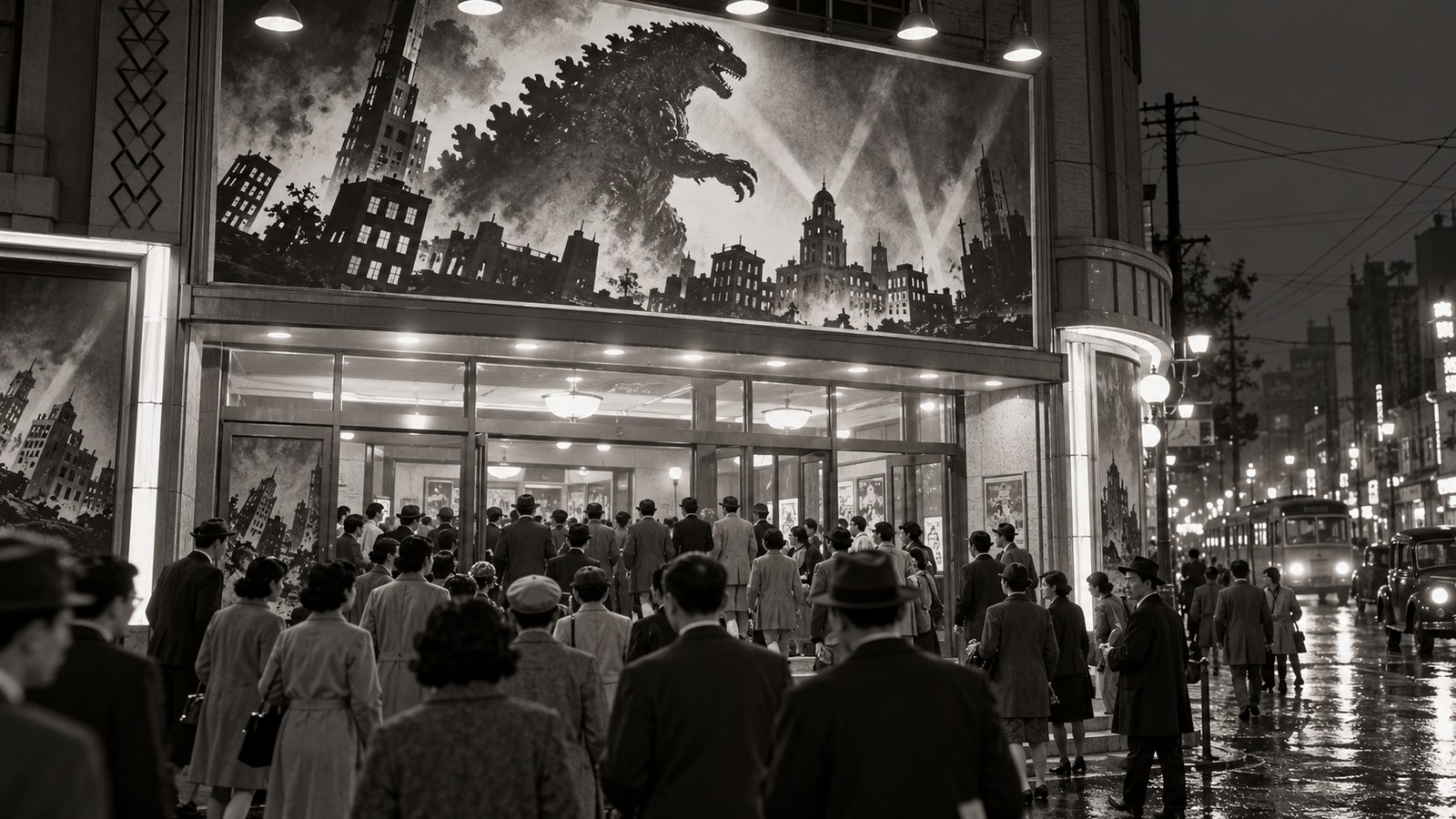 AI reconstruction of Tokyo moviegoers attending Godzilla in 1954