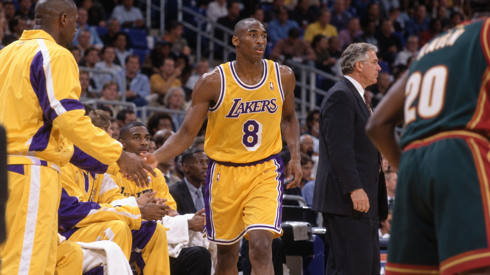 Photorealistic historical reconstruction of Kobe Bryant making his NBA debut for the Lakers in 1996.