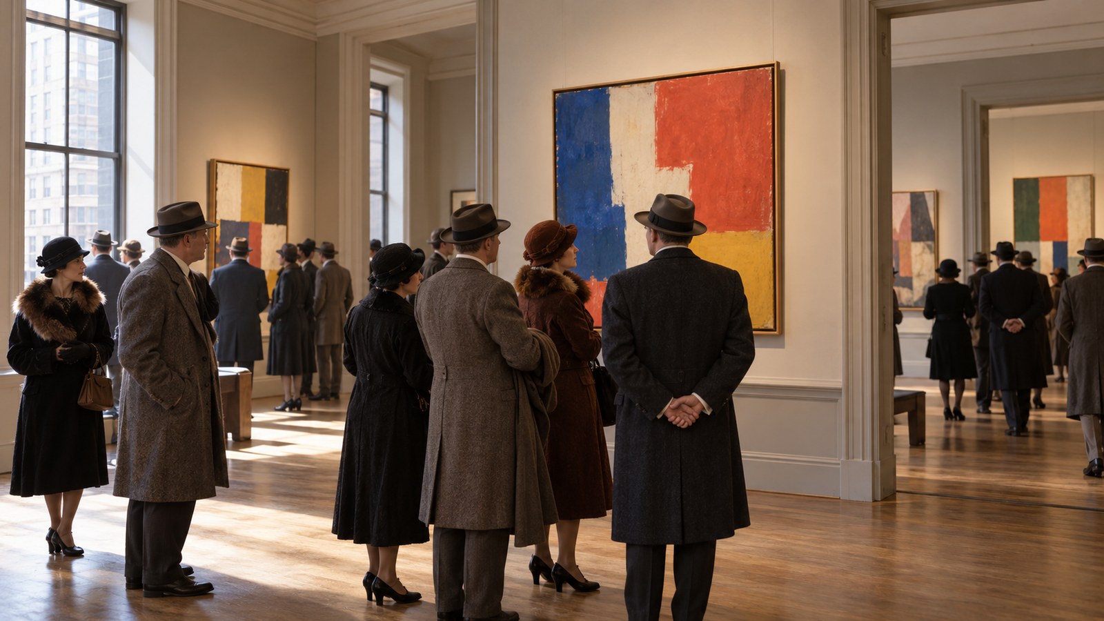 AI reconstruction of visitors at MoMA's first exhibition in 1929