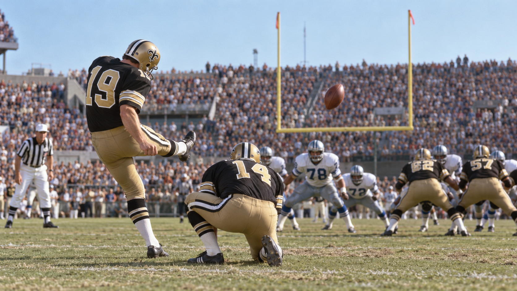 Photorealistic historical reconstruction of Tom Dempsey kicking a 63-yard field goal in 1970.