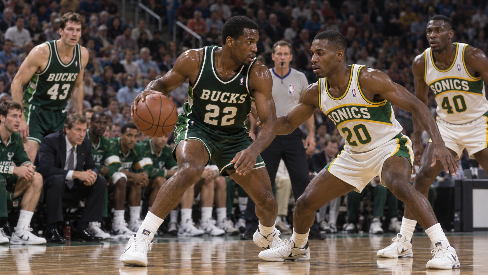 Photorealistic historical reconstruction of the Bucks and SuperSonics playing five overtimes in 1989.