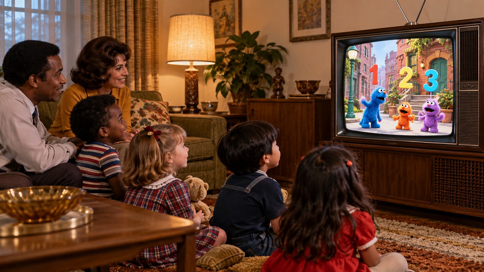 AI reconstruction of children watching the Sesame Street premiere in 1969
