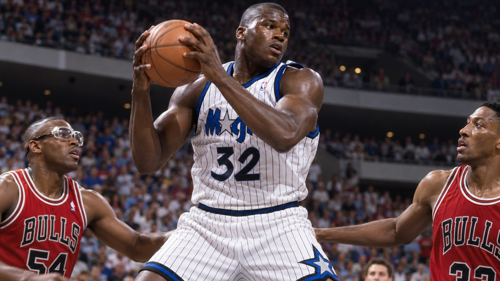 Photorealistic historical reconstruction of Shaquille O'Neal making his NBA debut for Orlando in 1992.