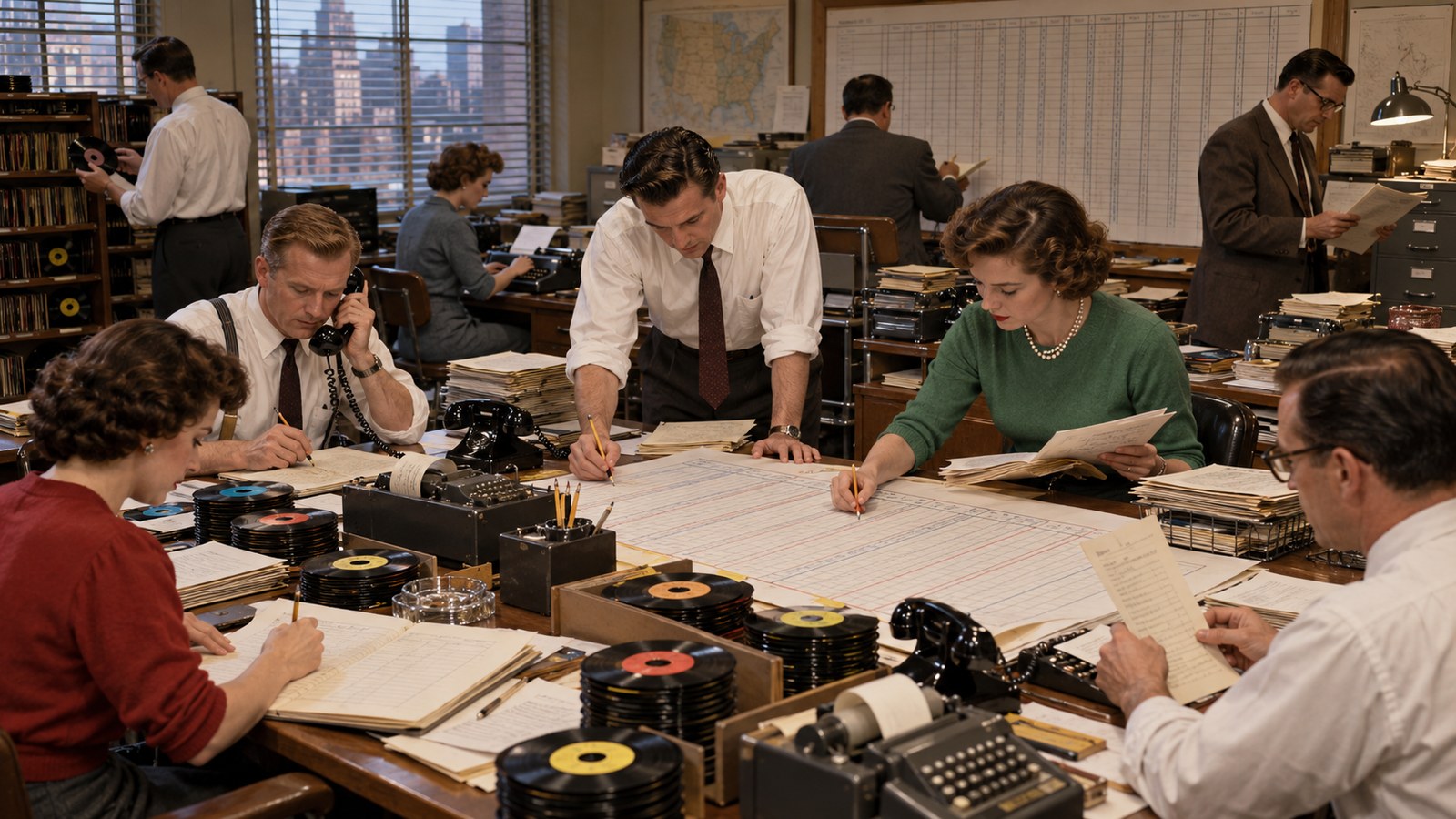 AI reconstruction of Billboard editors compiling the first Top 100 chart in 1955