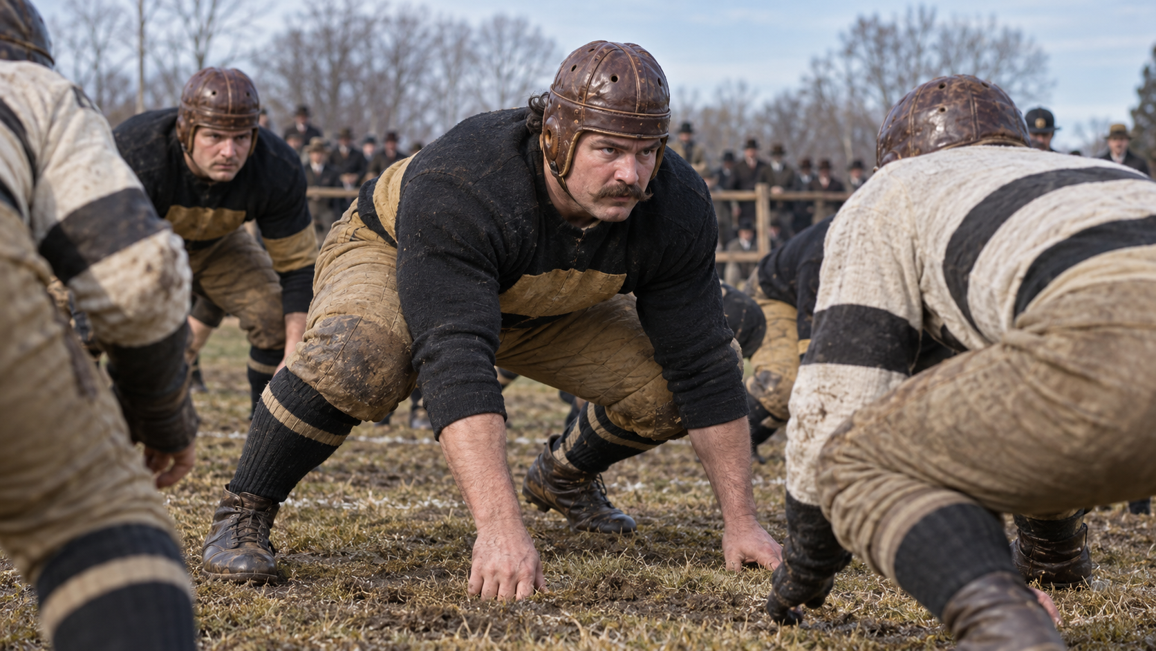 Photorealistic historical reconstruction of Pudge Heffelfinger playing the first documented paid football game in 1892.