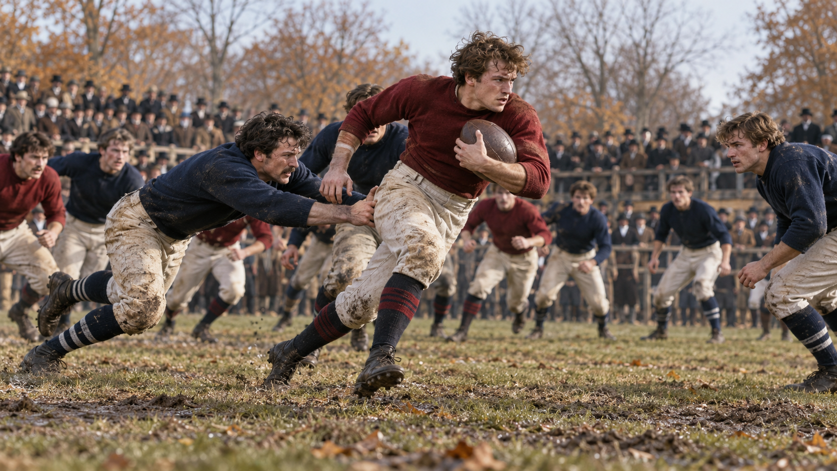 Photorealistic historical reconstruction of the first Harvard-Yale football game in 1875.