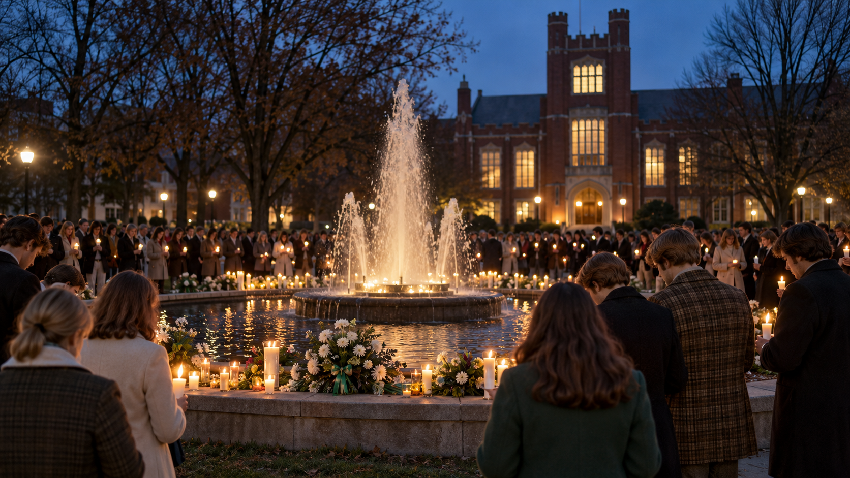 Photorealistic historical reconstruction of a respectful Marshall University memorial after the 1970 team tragedy.