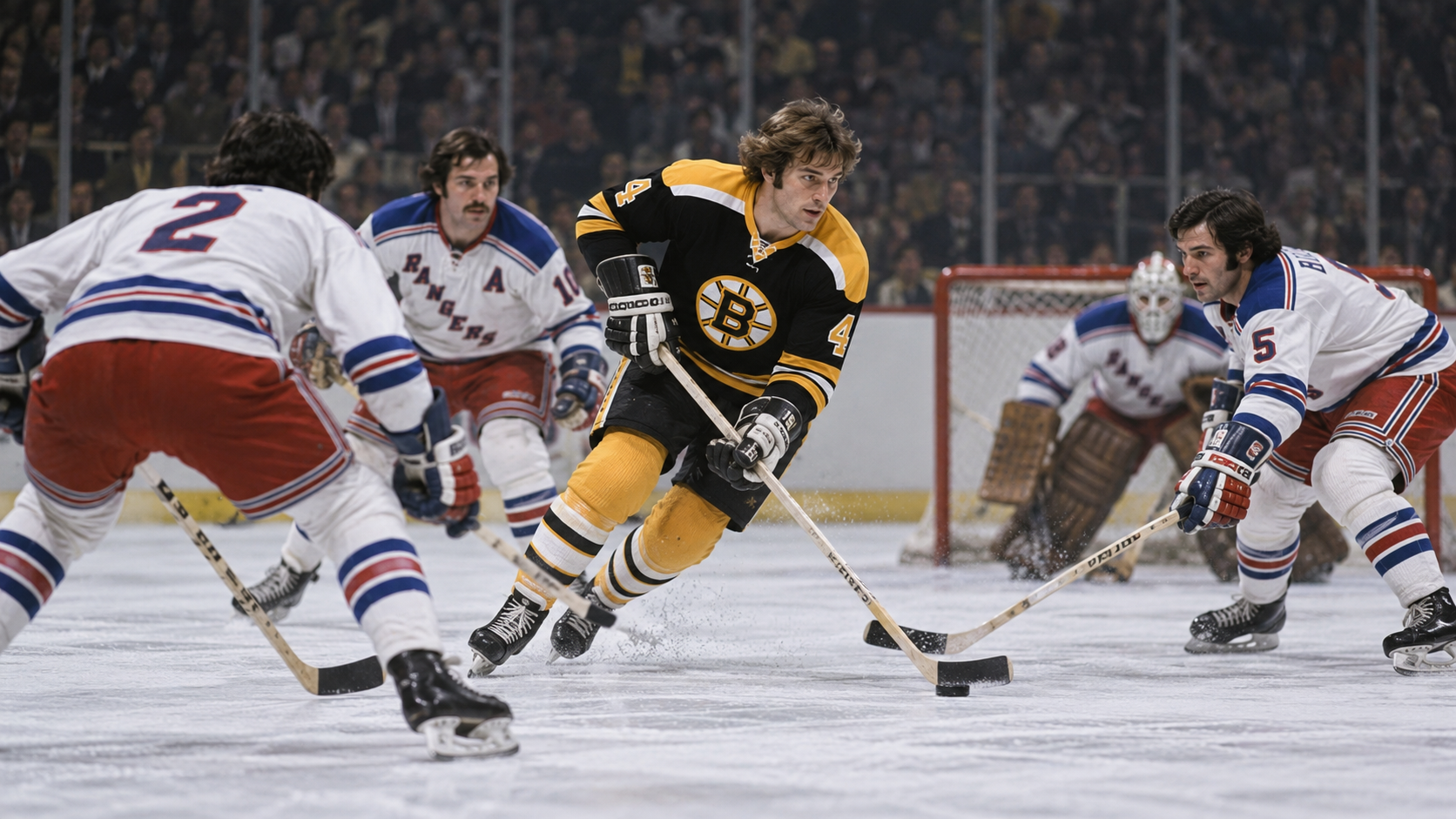 Photorealistic historical reconstruction of Bobby Orr recording seven points for Boston in 1973.