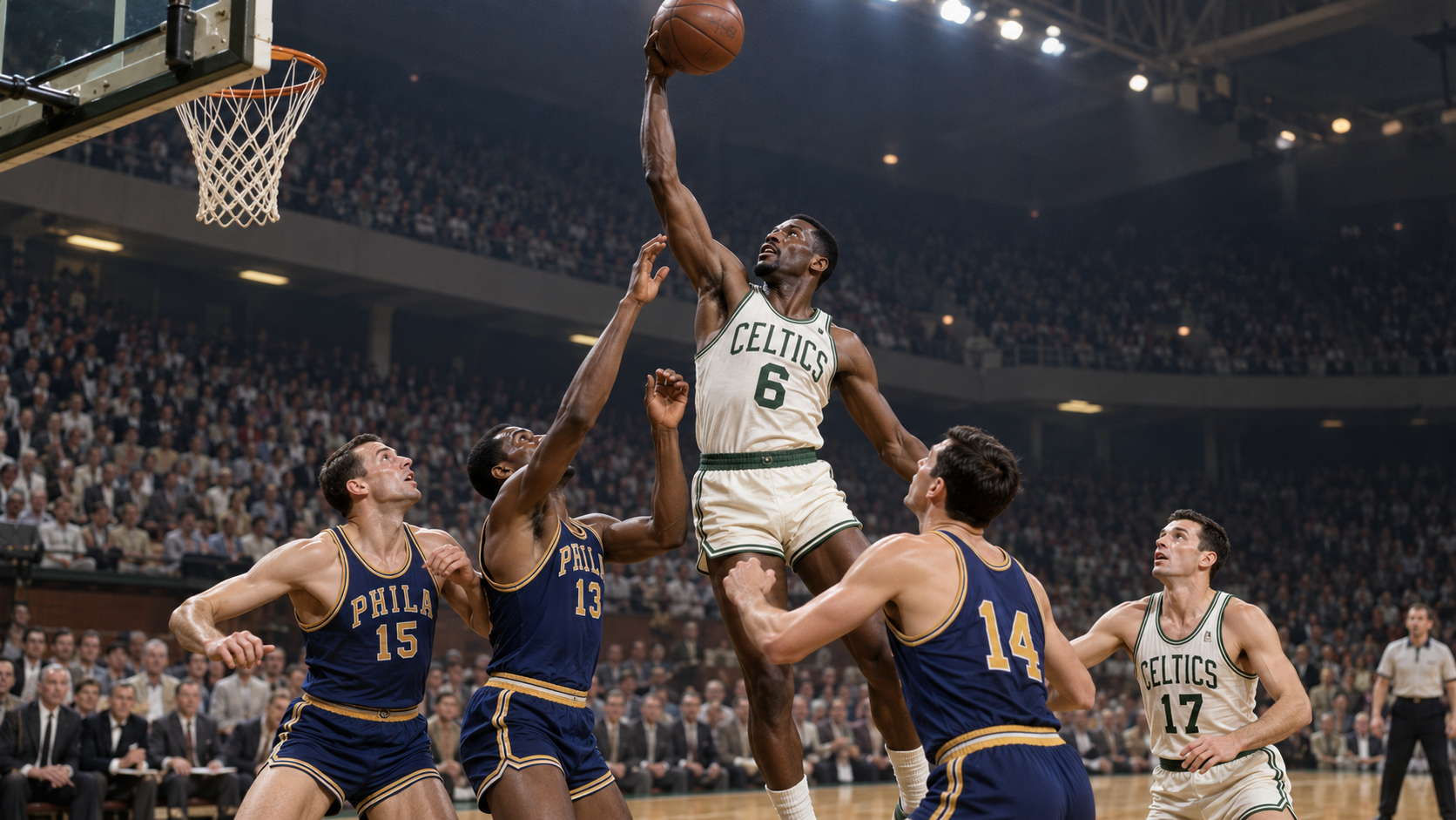 Photorealistic historical reconstruction of Bill Russell collecting 49 rebounds in a 1957 Celtics game.