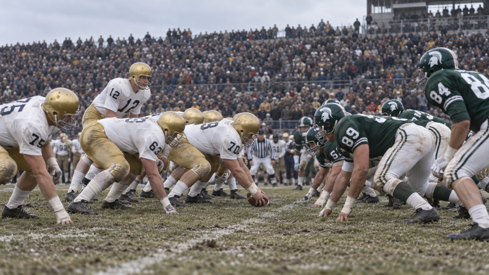 Photorealistic historical reconstruction of the 1966 Notre Dame-Michigan State Game of the Century.