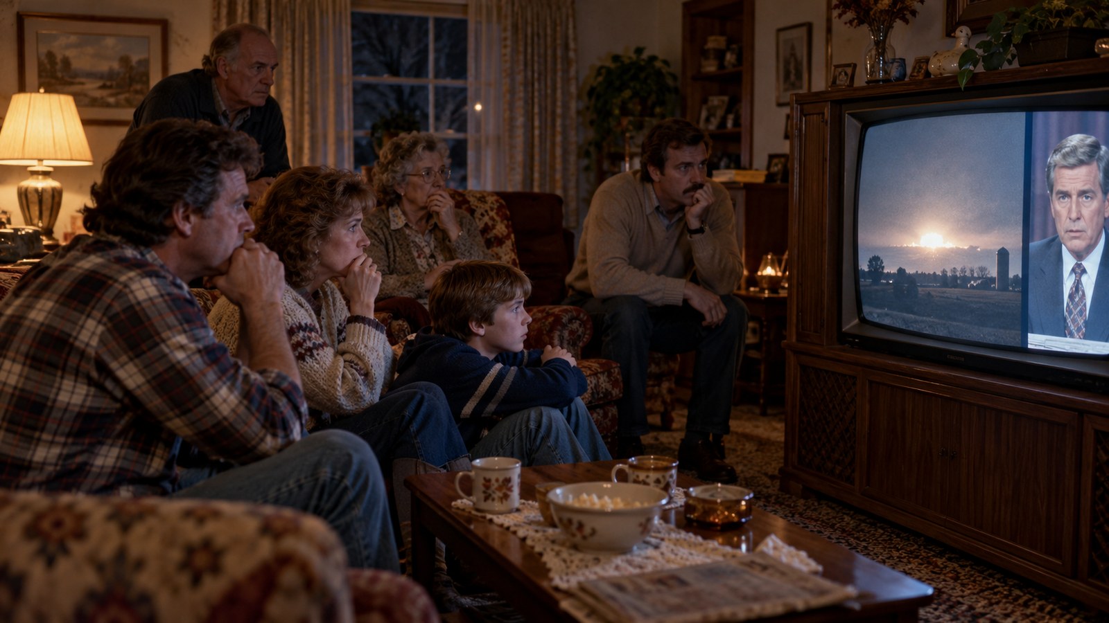 AI reconstruction of an American family watching The Day After in 1983