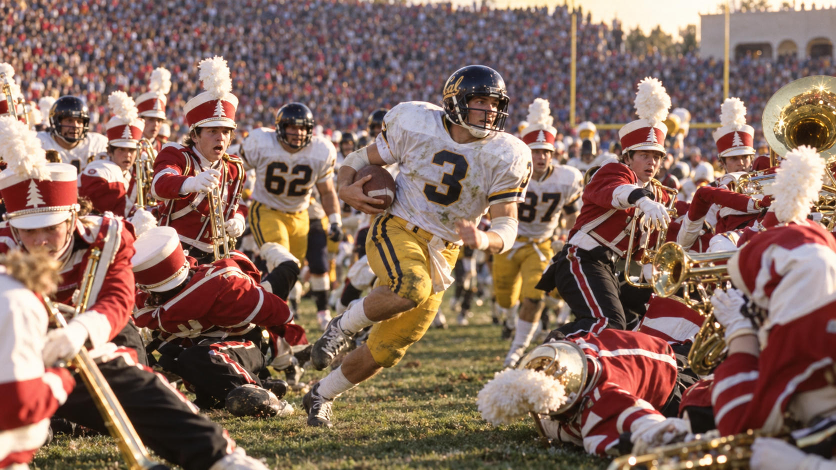Photorealistic historical reconstruction of California completing The Play against Stanford in 1982.