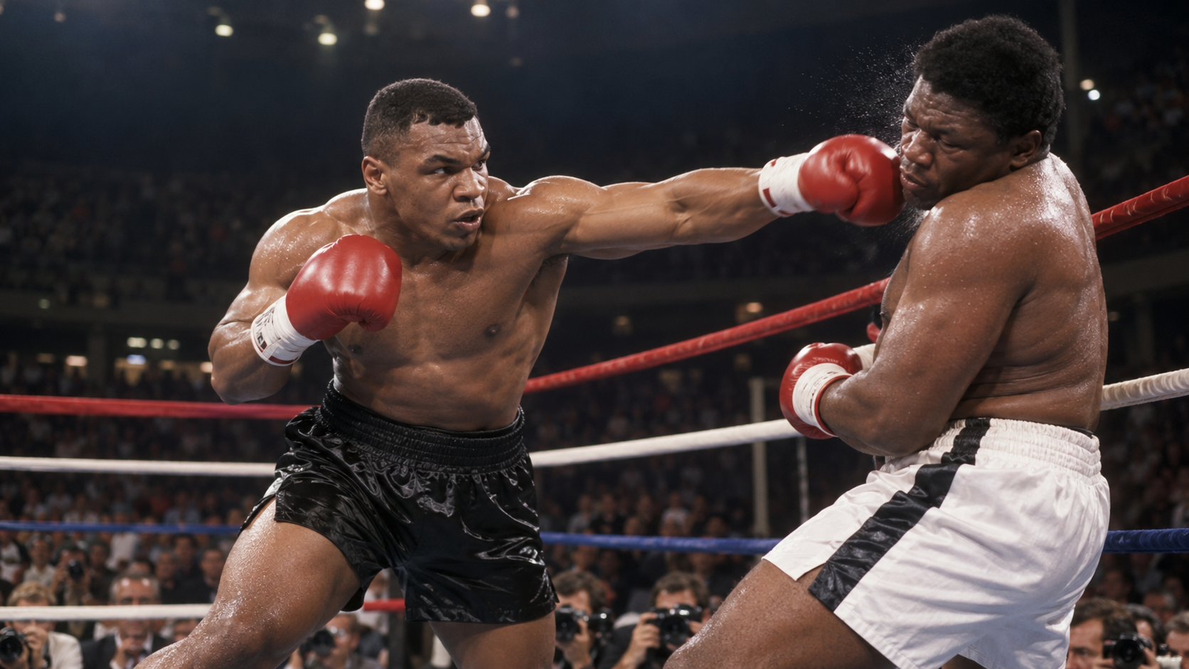 Photorealistic historical reconstruction of Mike Tyson defeating Trevor Berbick in 1986.