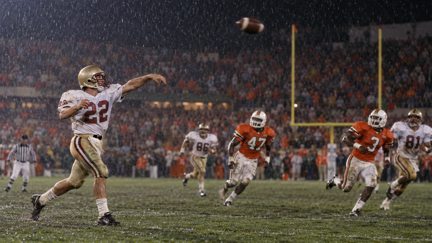 Photorealistic historical reconstruction of Doug Flutie throwing the Miracle in Miami pass in 1984.