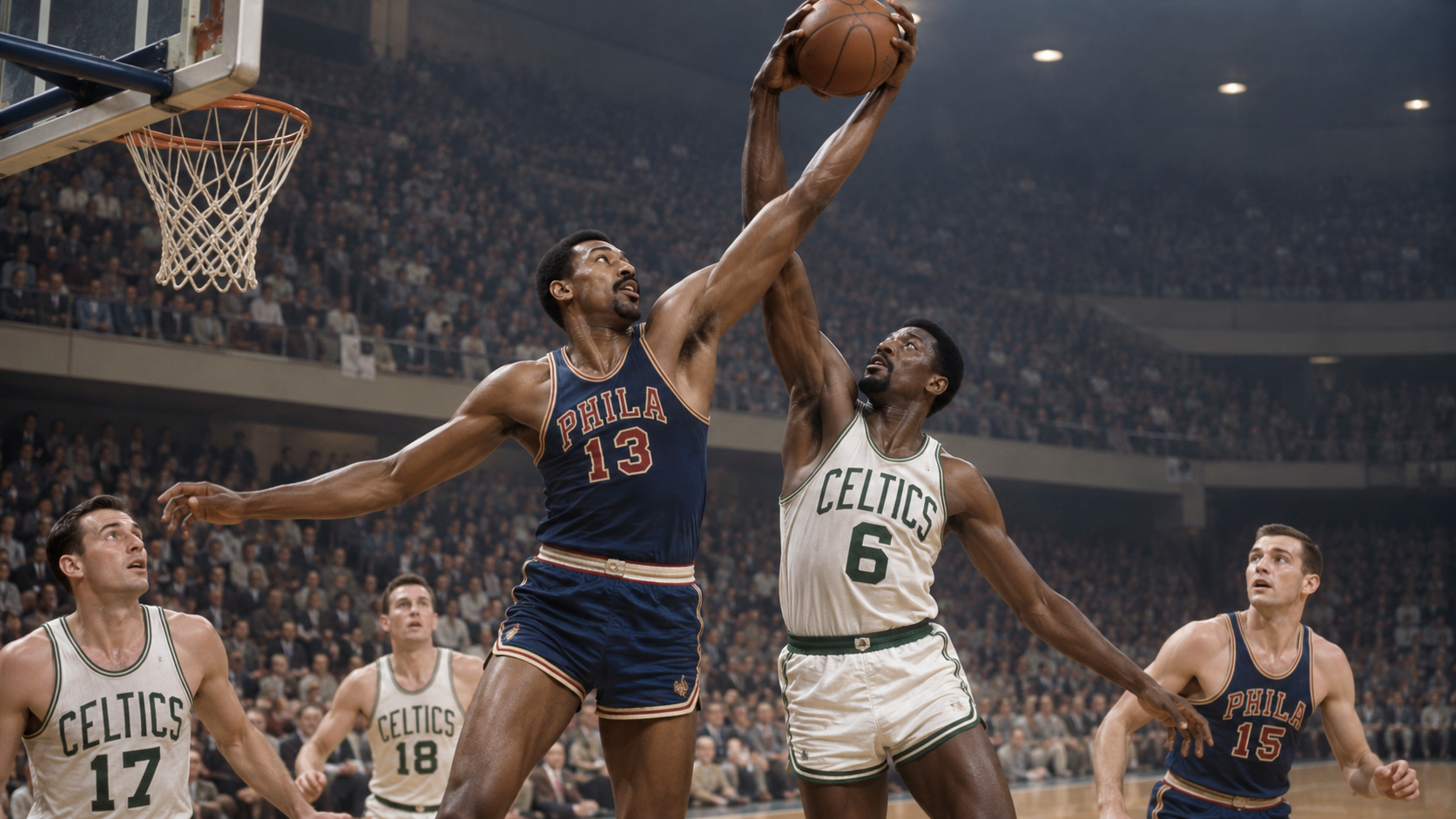 Photorealistic historical reconstruction of Wilt Chamberlain setting the NBA rebounding record in 1960.