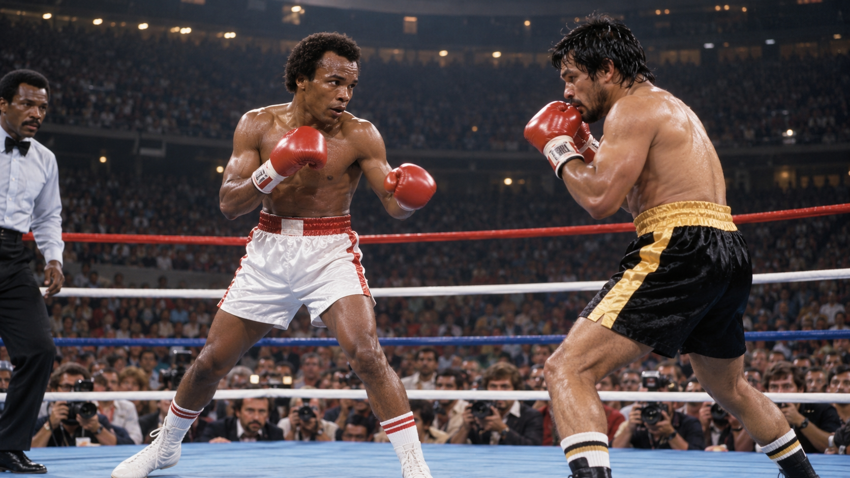 Photorealistic historical reconstruction of Sugar Ray Leonard boxing Roberto Duran in their 1980 rematch.