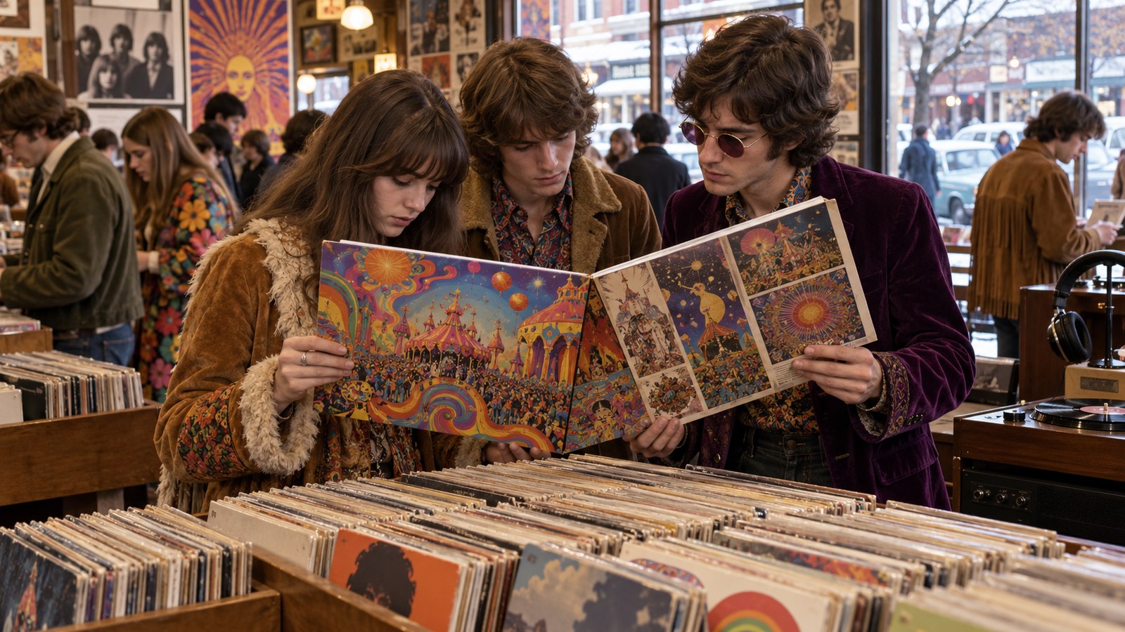 AI reconstruction of record buyers discovering Magical Mystery Tour in 1967