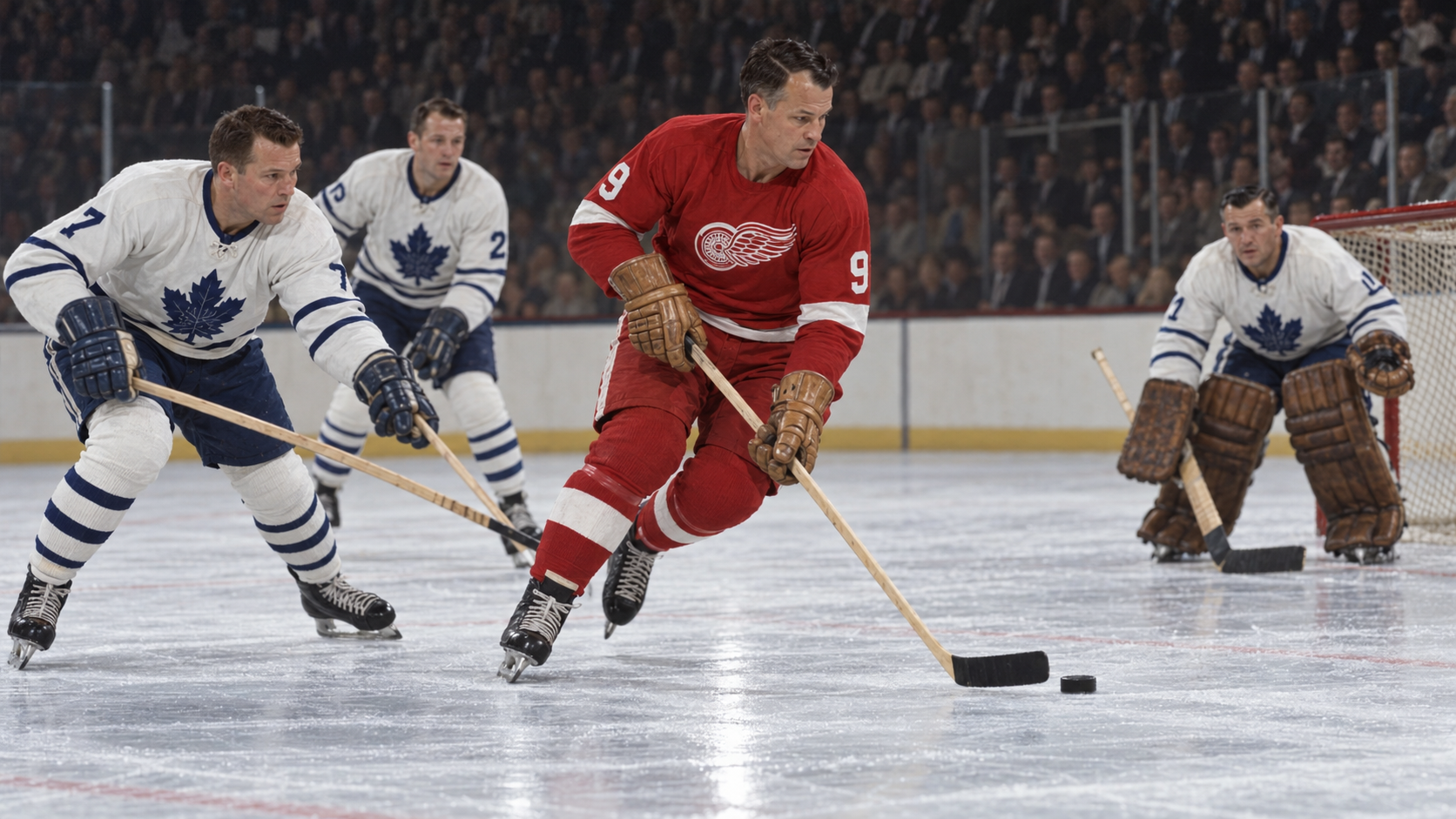 Photorealistic historical reconstruction of Gordie Howe recording his 1,000th NHL point in 1960.