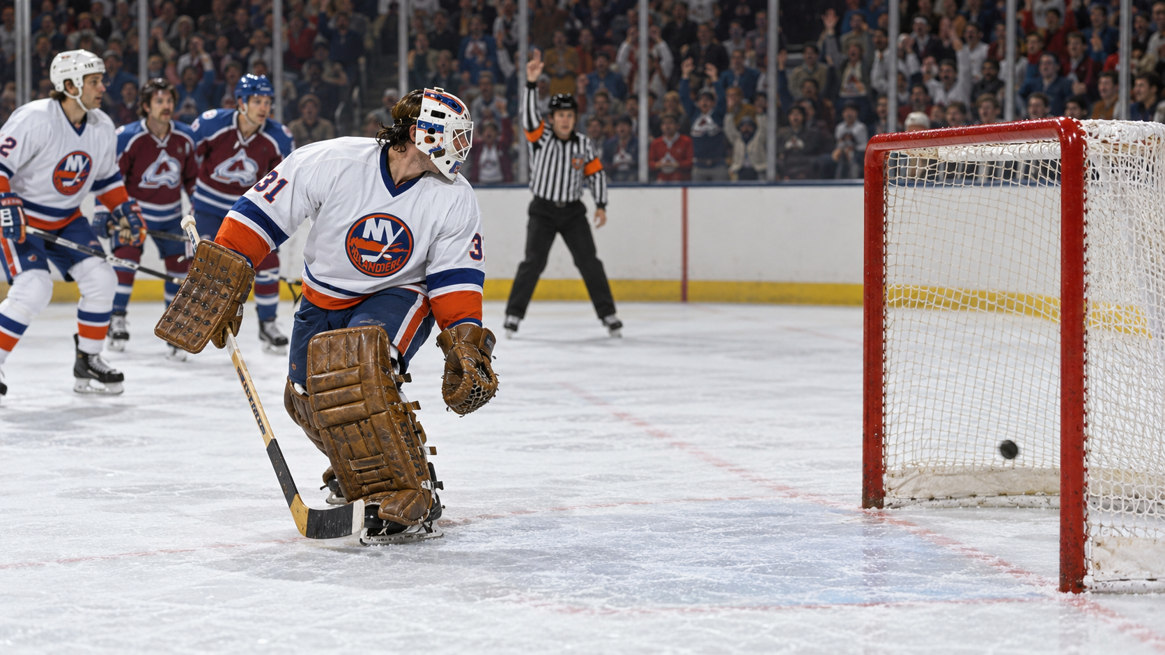 Photorealistic historical reconstruction of Billy Smith being credited with the first NHL goalie goal in 1979.