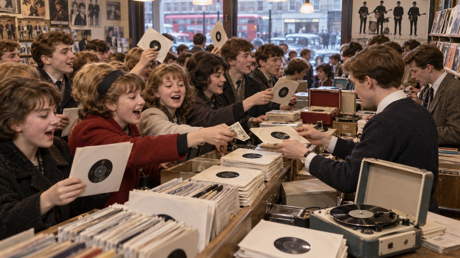 AI reconstruction of British fans buying I Want to Hold Your Hand in 1963