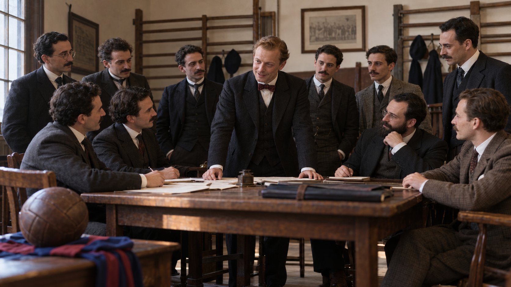 Photorealistic historical reconstruction of the 1899 meeting that founded FC Barcelona.