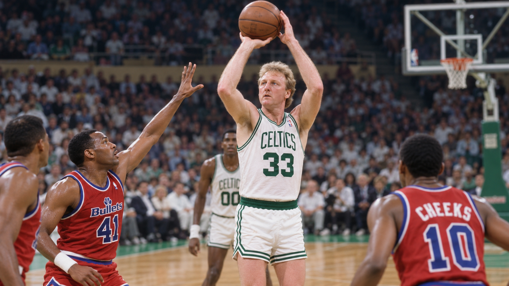 Photorealistic historical reconstruction of Larry Bird scoring his 20,000th NBA point in 1990.