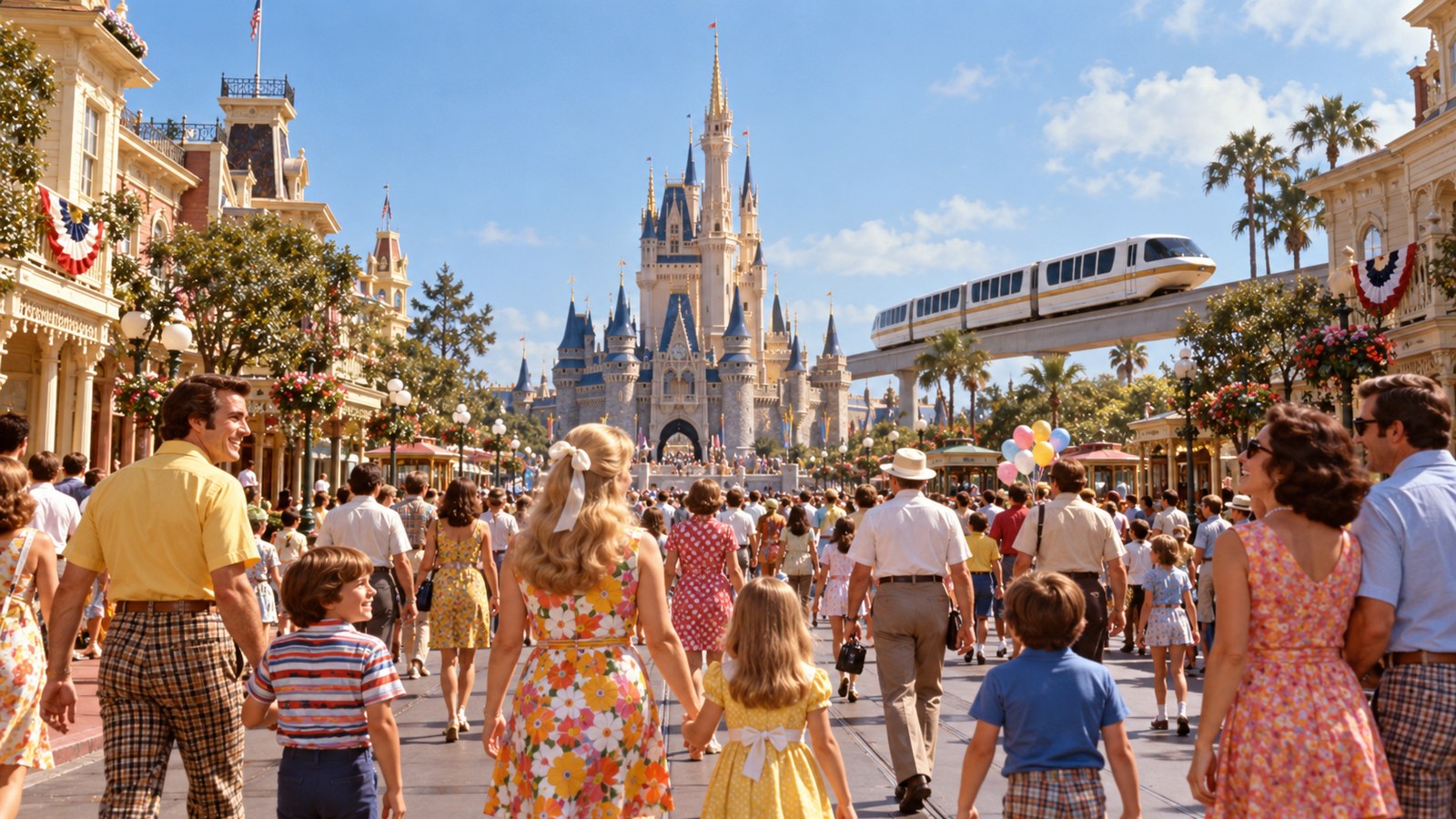 AI reconstruction of families entering Walt Disney World's Magic Kingdom on opening day in 1971
