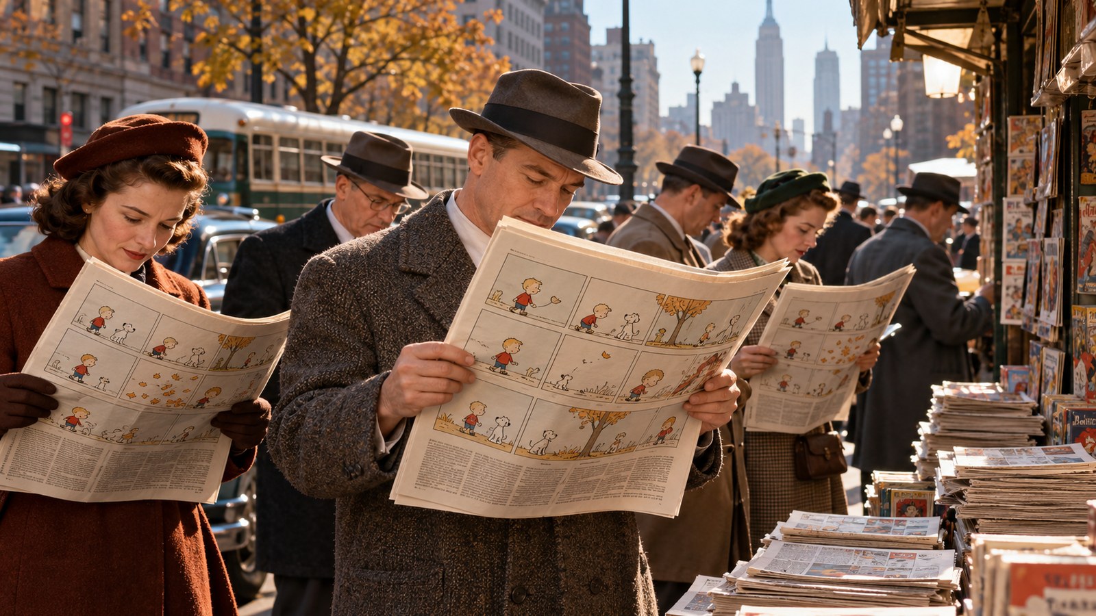 AI reconstruction of a 1950 newspaper reader discovering the first Peanuts comic strip