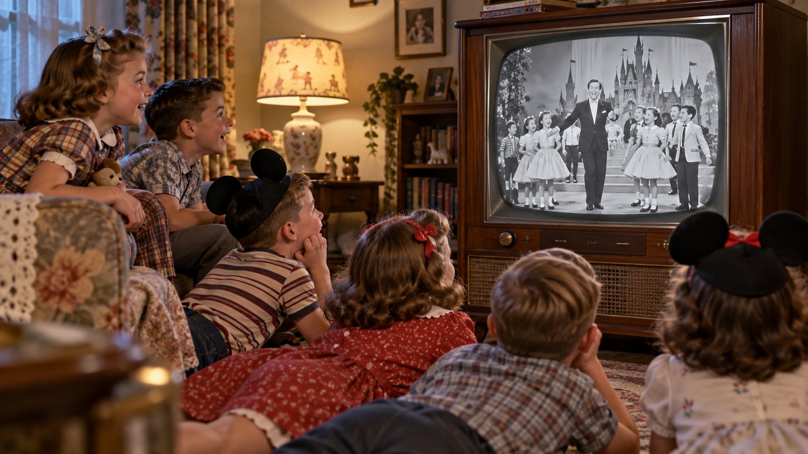 AI reconstruction of young viewers watching the Mickey Mouse Club television premiere in 1955