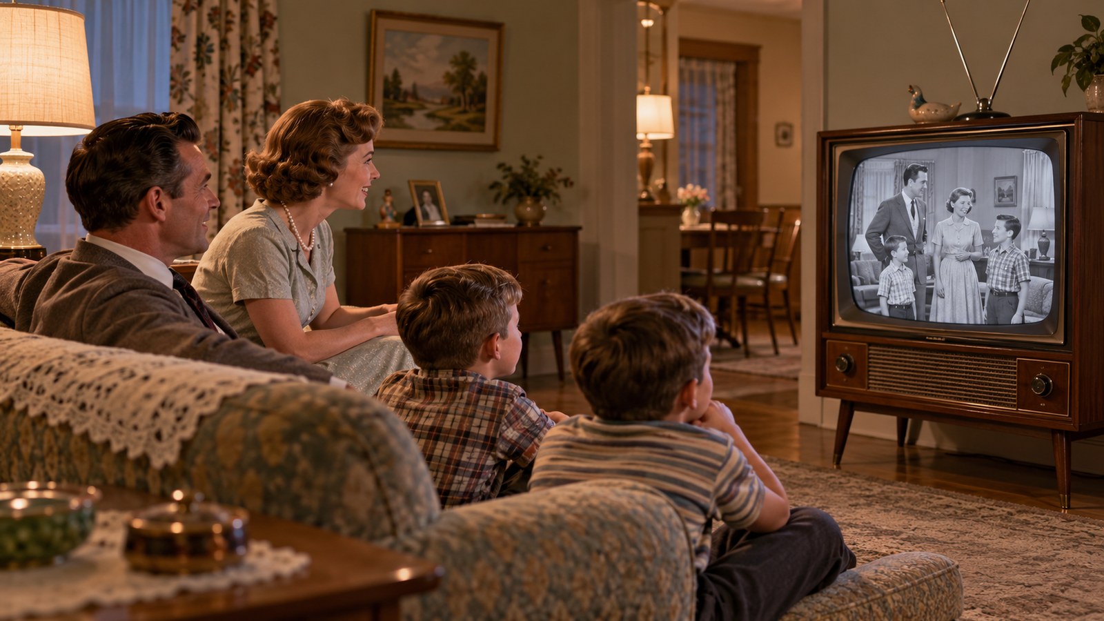 AI reconstruction of a 1957 family watching the Leave It to Beaver premiere