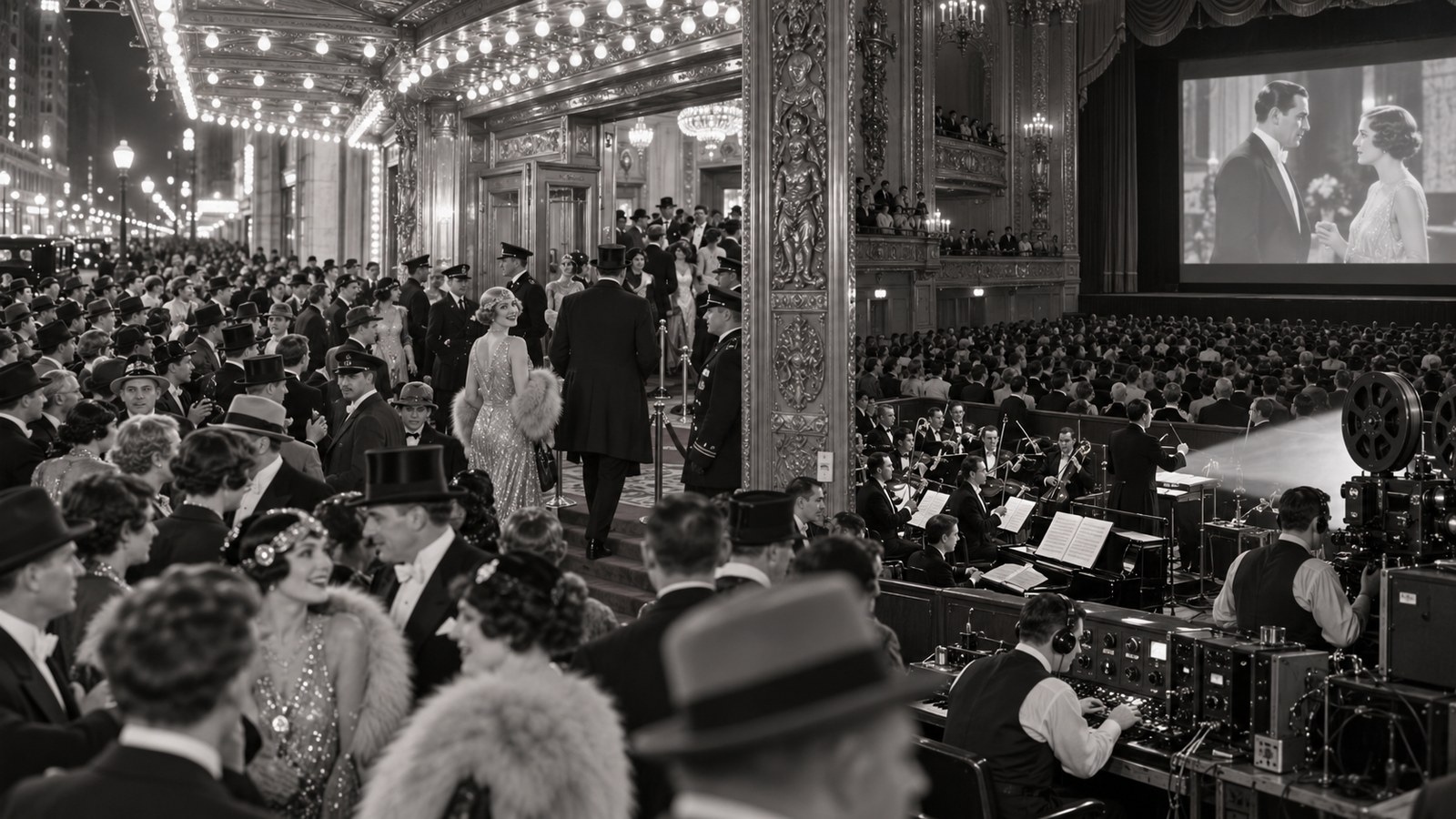 AI reconstruction of the 1927 premiere crowd for The Jazz Singer in New York