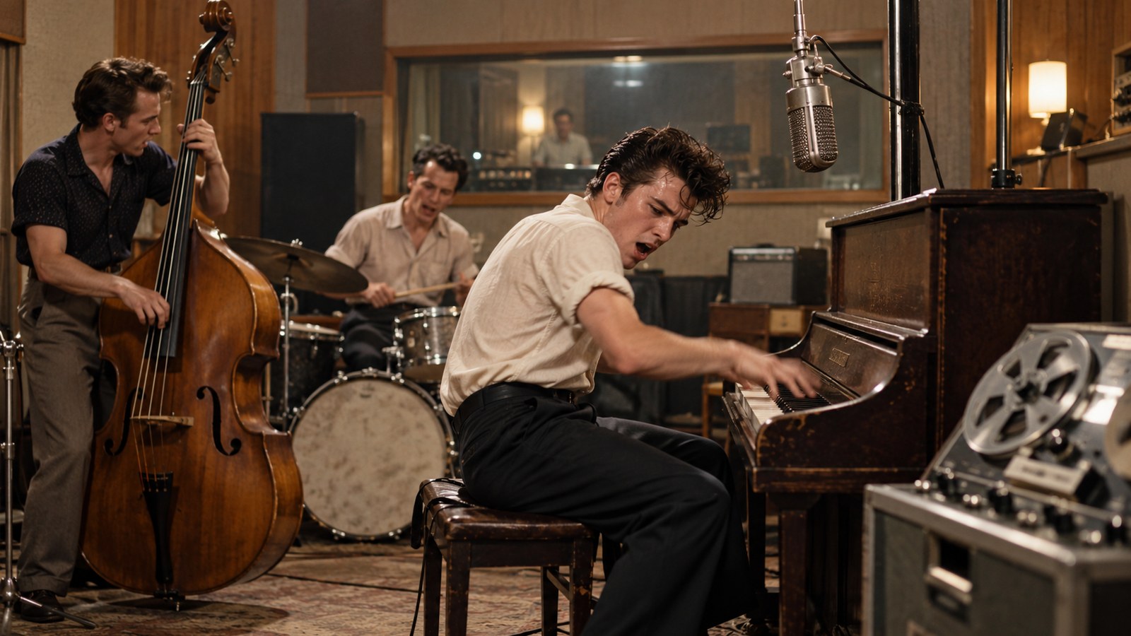 AI reconstruction of a fiery 1957 rock-and-roll piano recording session at Sun Studio