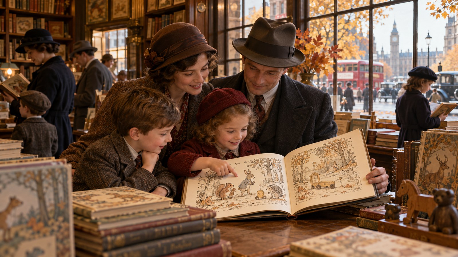 AI reconstruction of a London bookshop displaying Winnie-the-Pooh in 1926